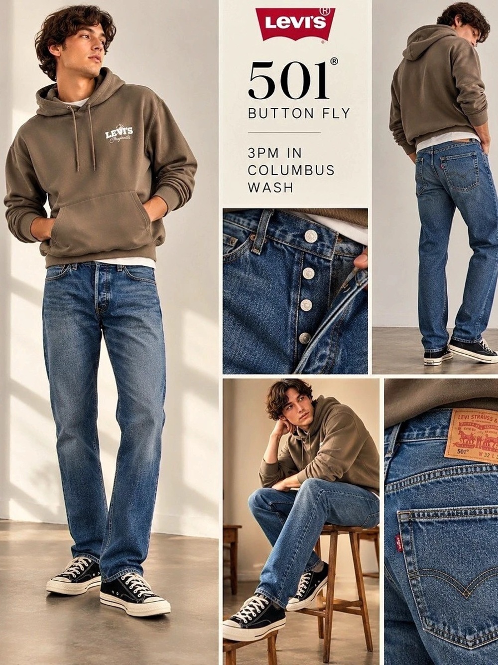 Levi’s 501 Original 3PM in Columbus Wash Button Fly Straight Leg Jeans Mens